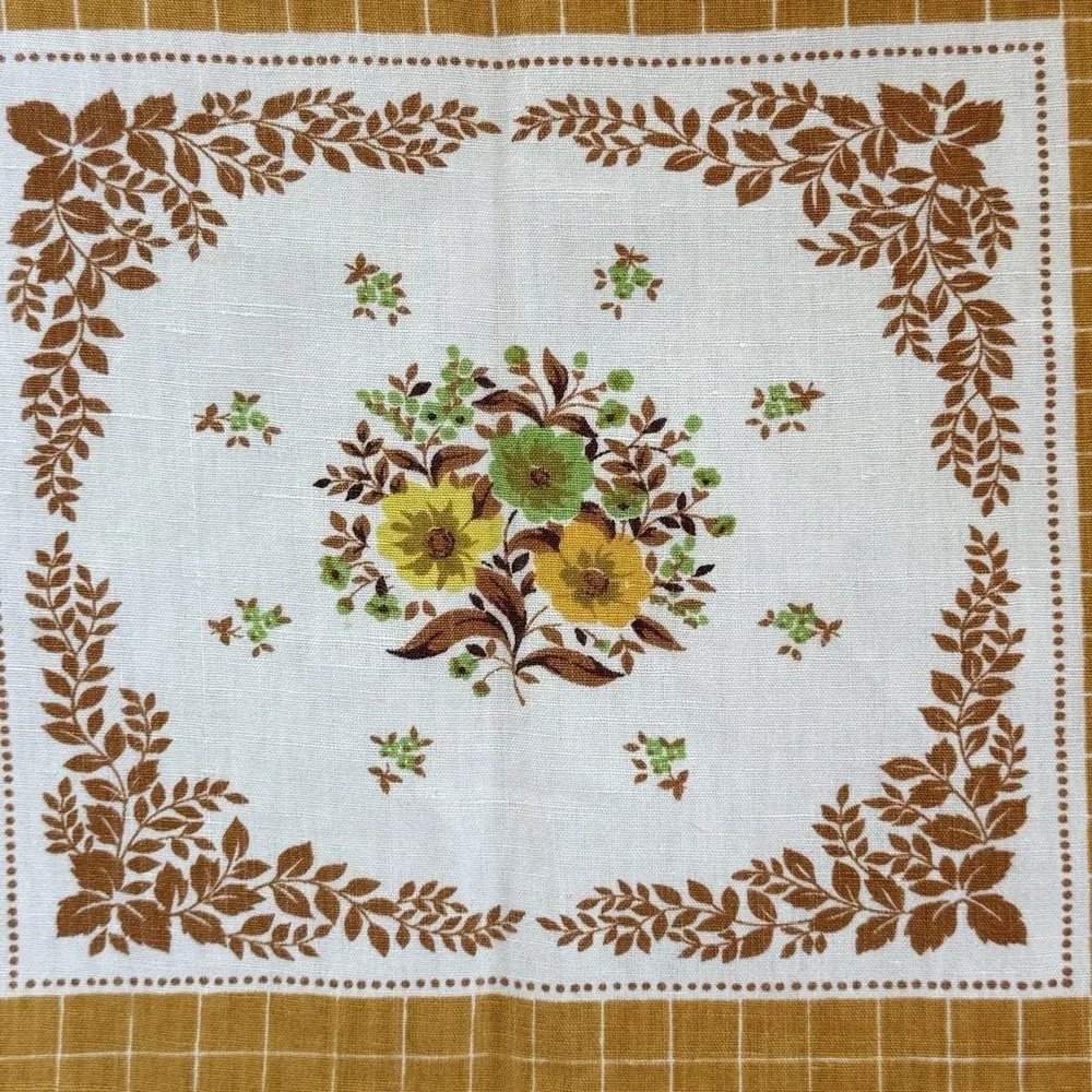 Rectangle MCM Vintage 1960s Linen Tablecloth Mustard & Avocado Floral  83x48